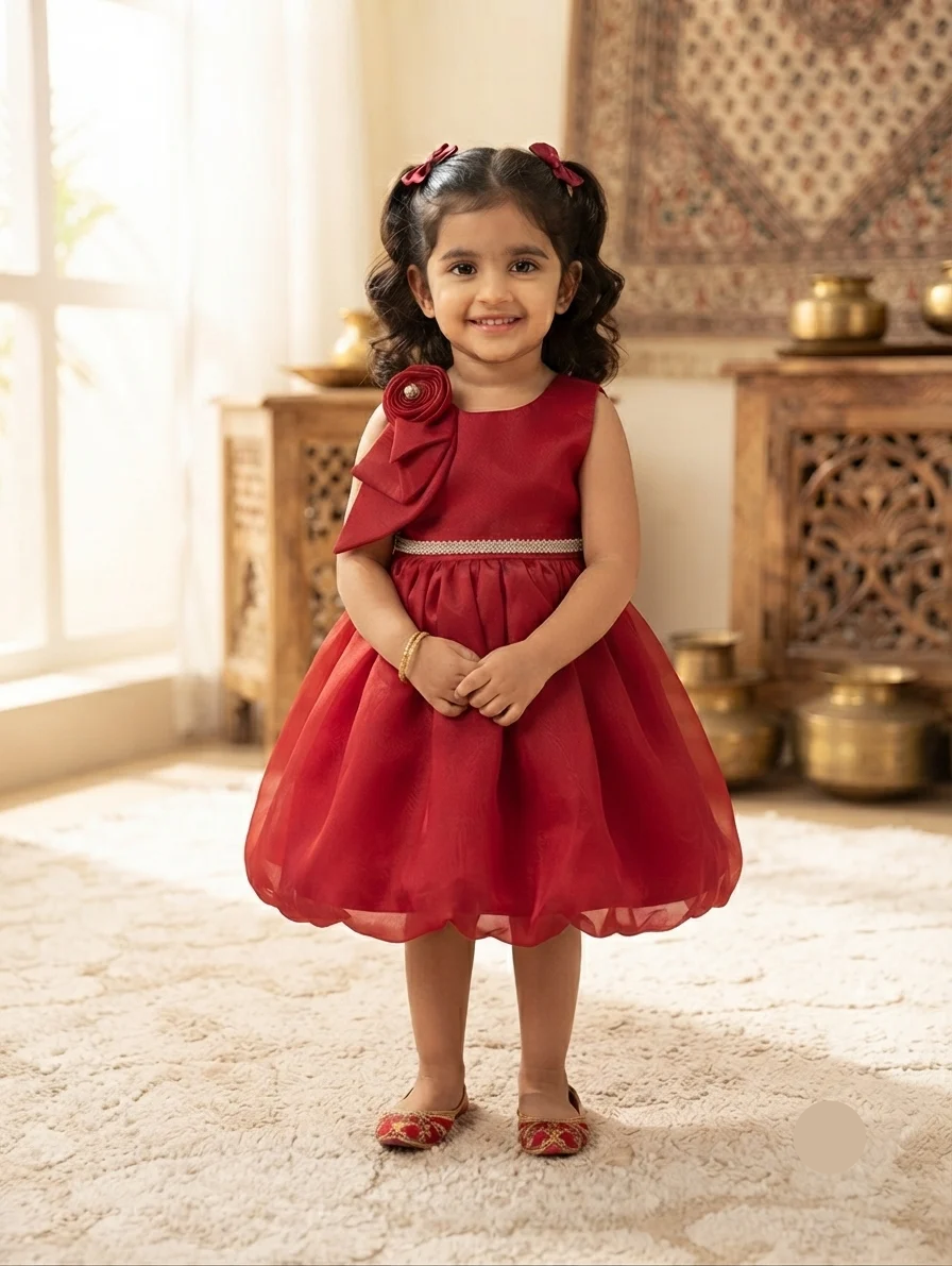 Ruby Crimson Bubble-Hem Party Dress with Floral Shoulder Accent