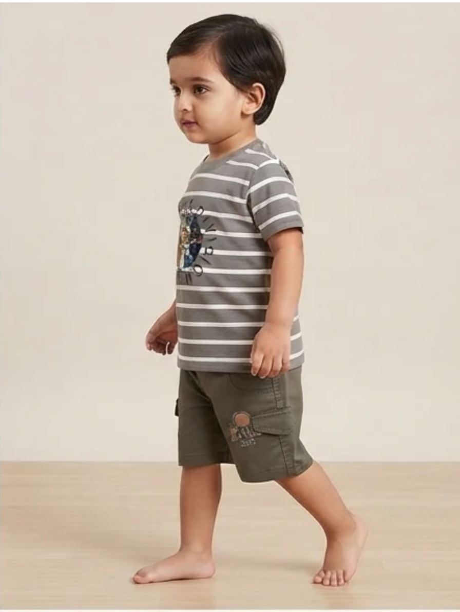 Grey & White Striped T-Shirt & Cargo Shorts Set