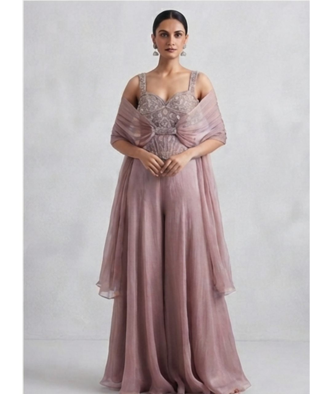 Ethereal Mauve Embroidered Corset Jumpsuit with Draped Neck Scarf