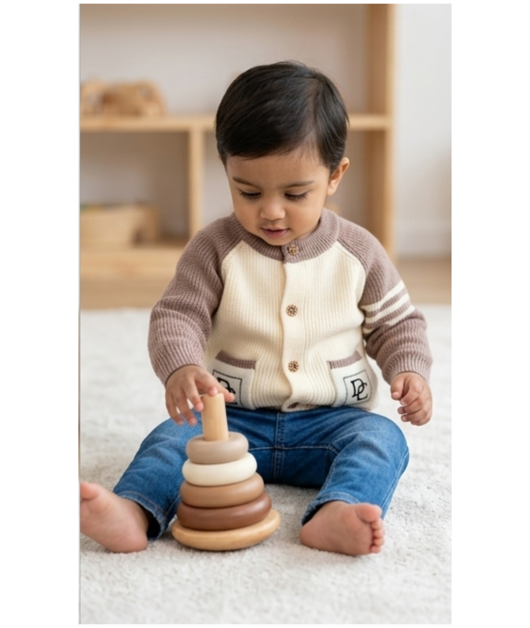 Toddler Boys Monogram Pocket Colorblock Knit Cardigan – Mocha Taupe & Cream