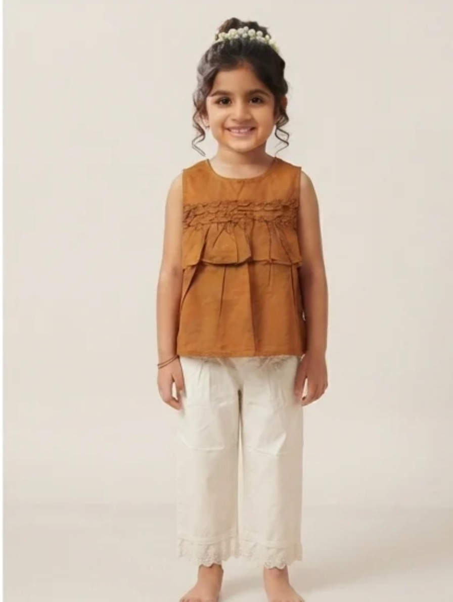 Girls Rust-Brown Ruffled Top & Cream Lace-Trim Pants Set