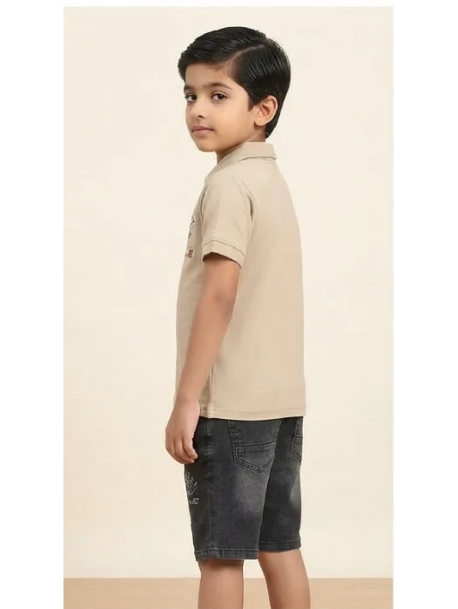 Beige Space Polo & Black Denim Shorts Set