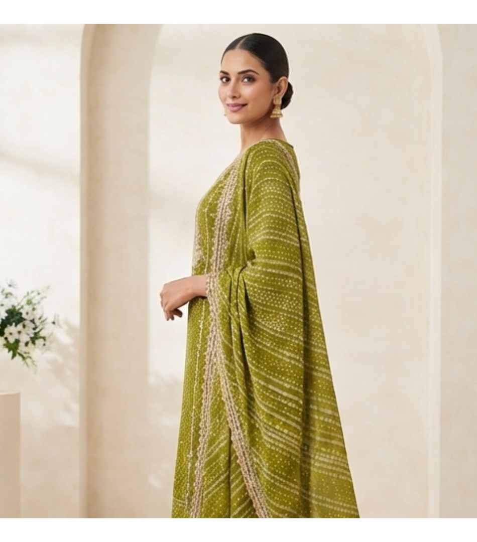 Olive Green Bandhani Print & Embroidered Straight Kurta Set